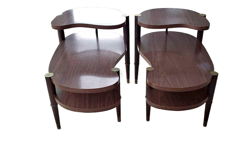 SET OF 2 MATCHING MCM TRIPLE TIERED KIDNEY END TABLES