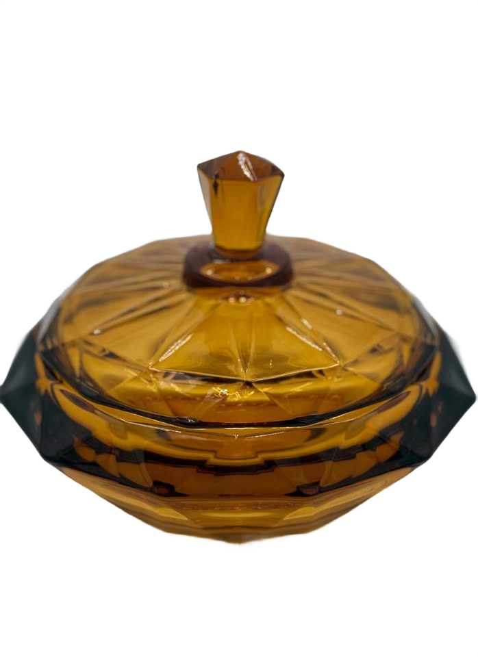 Vintage Viking glass HEAVY Amber Diamond Point covered dish