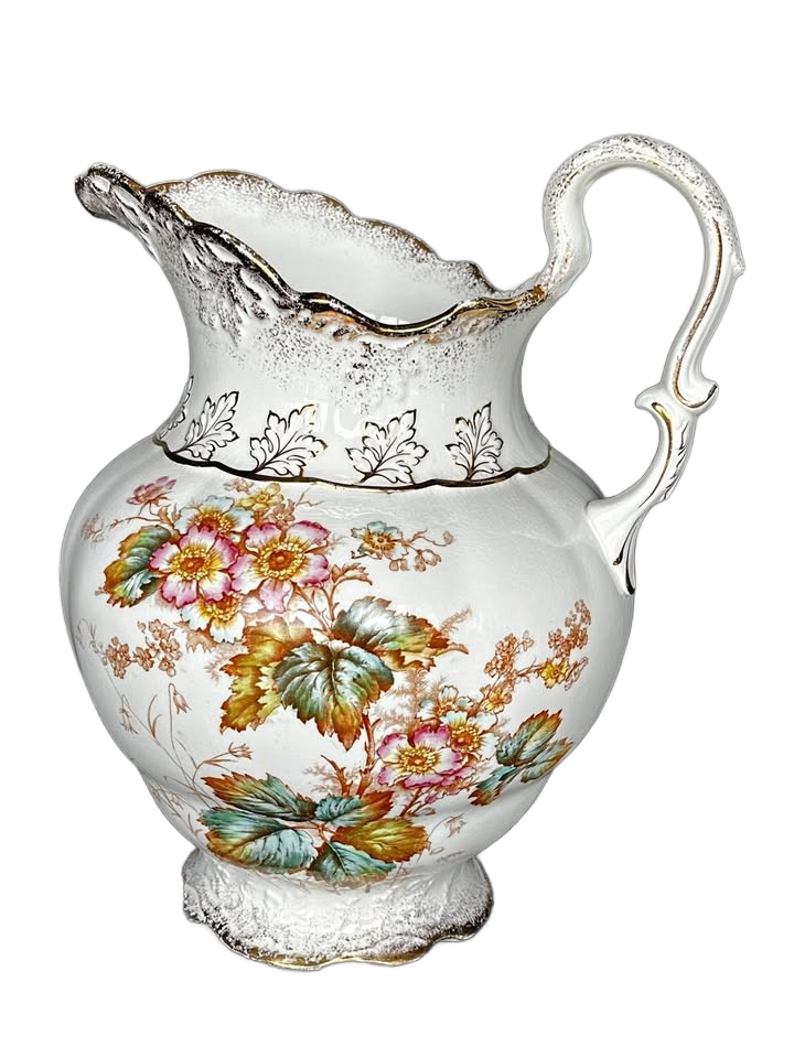 RARE ANTIQUE KTK SEMI-VITREOUS PORCELAIN HAND PAINTED GOLD TRIM PITCHER