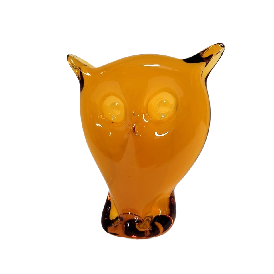 Vintage Viking Art Glass Amber Owl Figurine Paperweight Hand Blown MCM