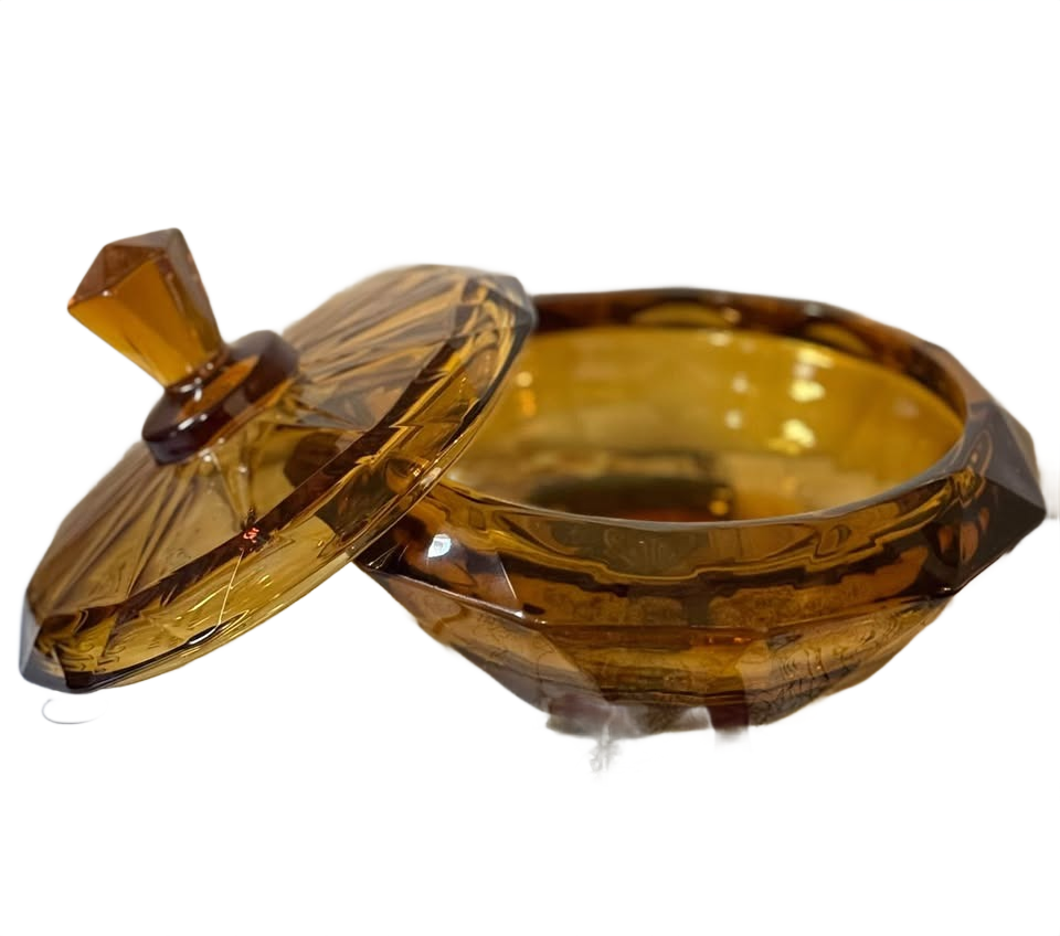 Vintage Viking glass HEAVY Amber Diamond Point covered dish