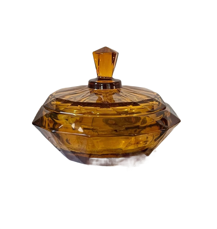 Vintage Viking glass HEAVY Amber Diamond Point covered dish