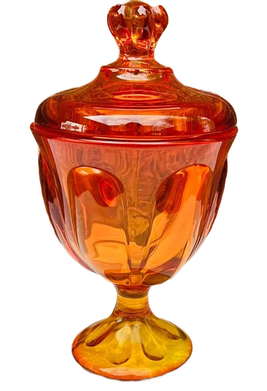 Vintage MCM Viking Glass Lidded Candy Bowl - Persimmon Six Petal Epic Line - Midcentury Decor