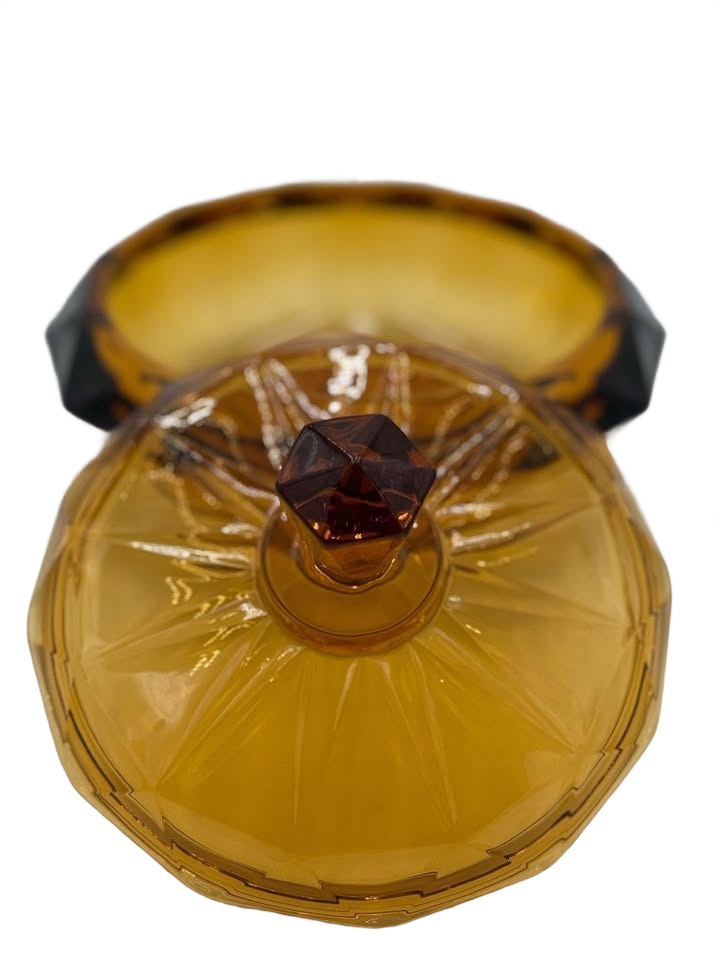 Vintage Viking glass HEAVY Amber Diamond Point covered dish