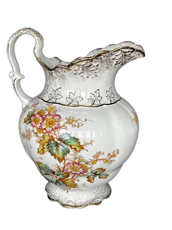 RARE ANTIQUE KTK SEMI-VITREOUS PORCELAIN HAND PAINTED GOLD TRIM PITCHER