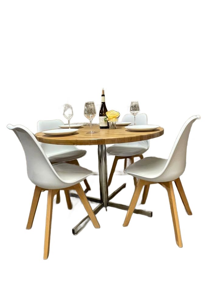 Mid-Century Modern Buther Block Round Pedestal Kitchen Table+4 White Eames-Style Deluxe MCM chairs