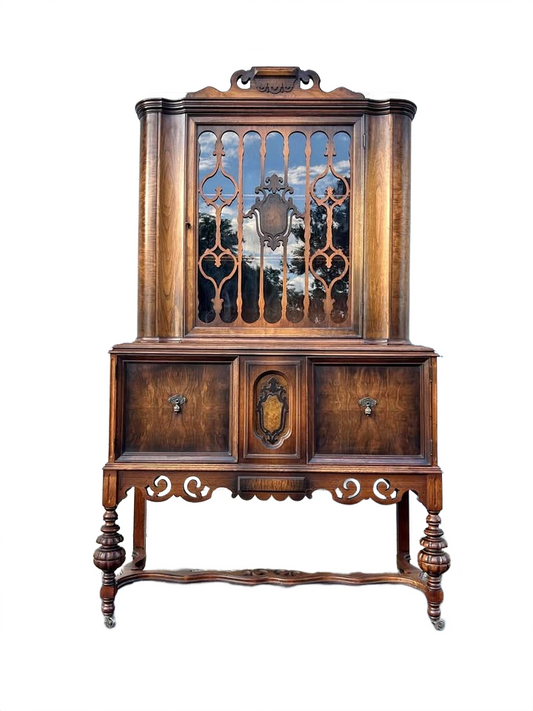 Antique Vintage Solid Wood China Cabinet with Glass Display & Original Skeleton Key