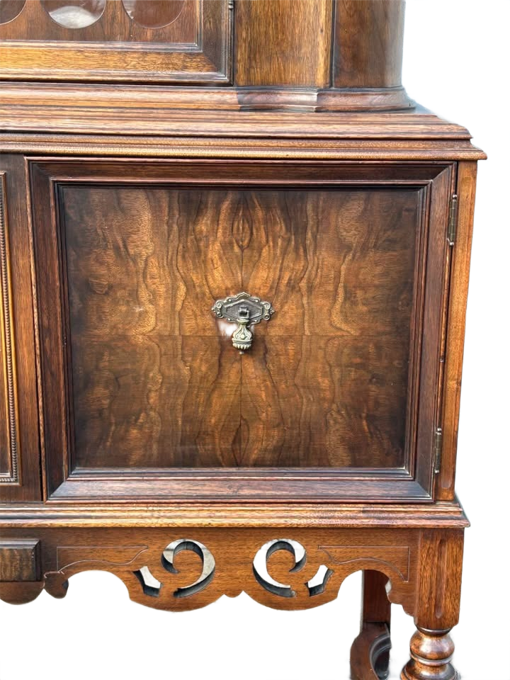 Antique Vintage Solid Wood China Cabinet with Glass Display & Original Skeleton Key