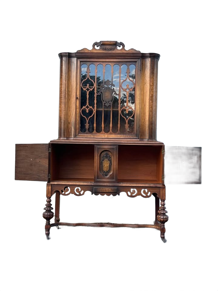 Antique Vintage Solid Wood China Cabinet with Glass Display & Original Skeleton Key