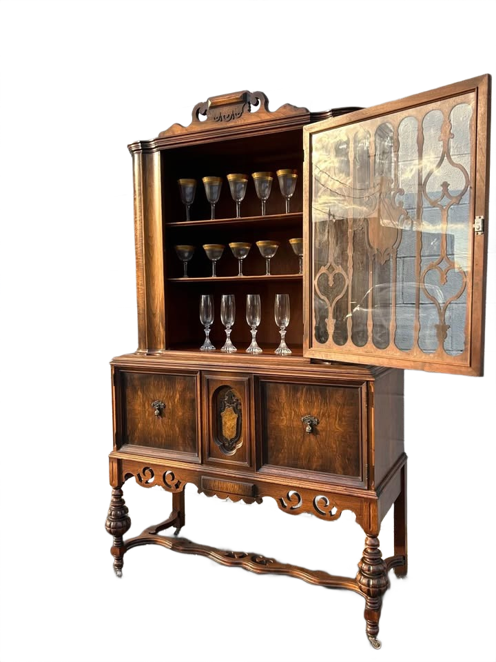 Antique Vintage Solid Wood China Cabinet with Glass Display & Original Skeleton Key