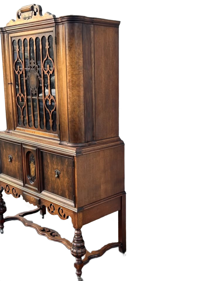 Antique Vintage Solid Wood China Cabinet with Glass Display & Original Skeleton Key