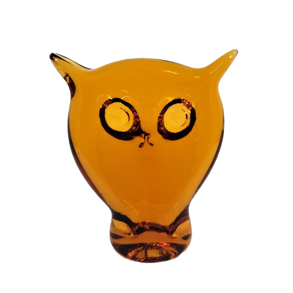 Vintage Viking Art Glass Amber Owl Figurine Paperweight Hand Blown MCM