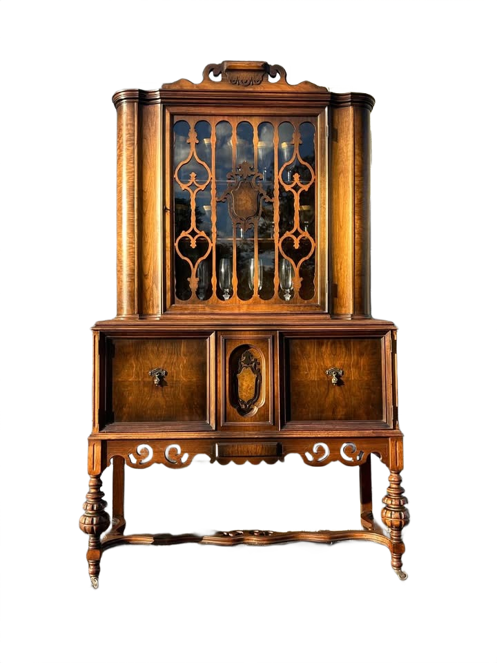 Antique Vintage Solid Wood China Cabinet with Glass Display & Original Skeleton Key