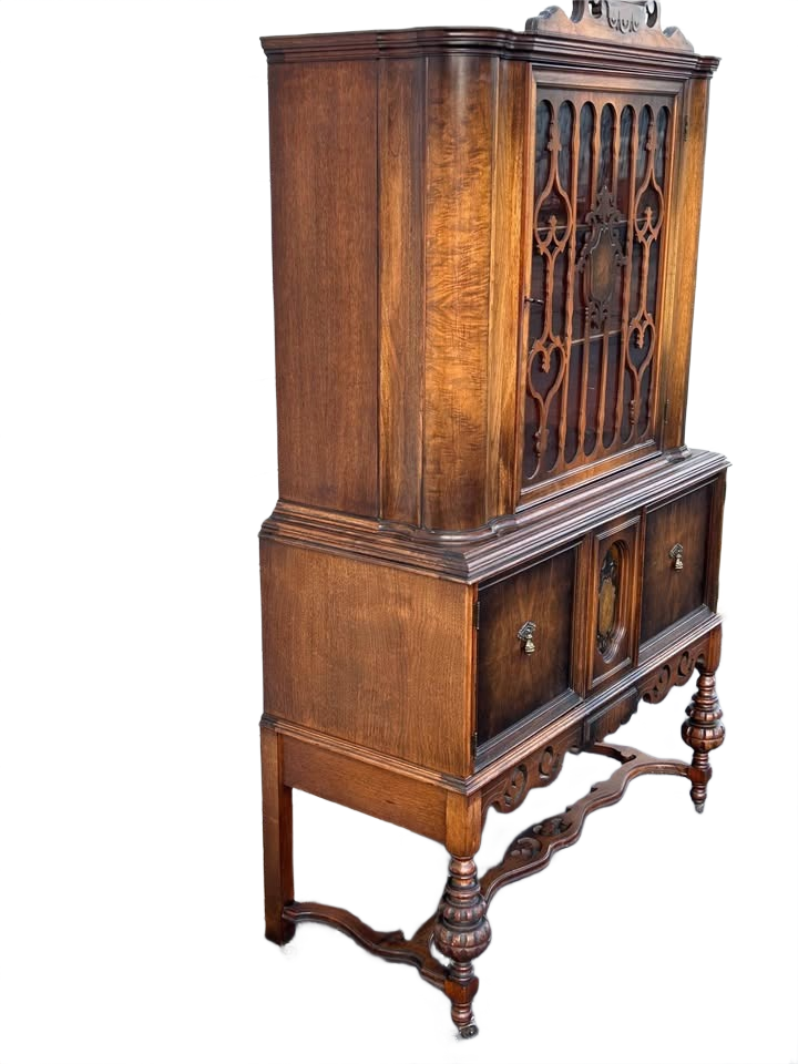 Antique Vintage Solid Wood China Cabinet with Glass Display & Original Skeleton Key