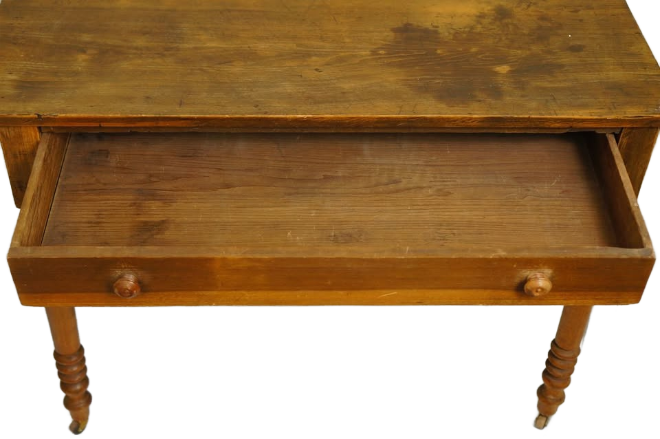 Antique Spool Leg Brown Oak Single Drawer Writing Desk