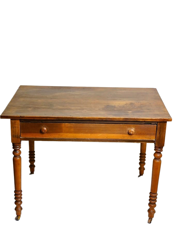 Antique Spool Leg Brown Oak Single Drawer Writing Desk