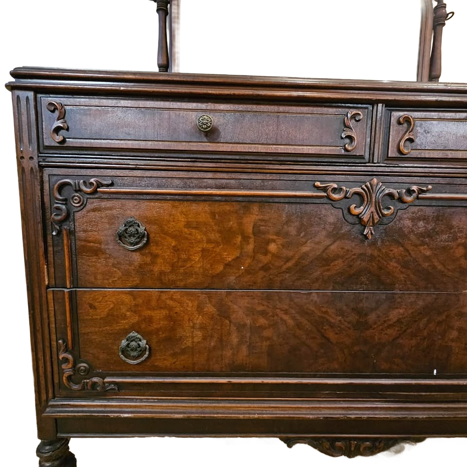 Antique Walnut Dresser with Mirror 1930s