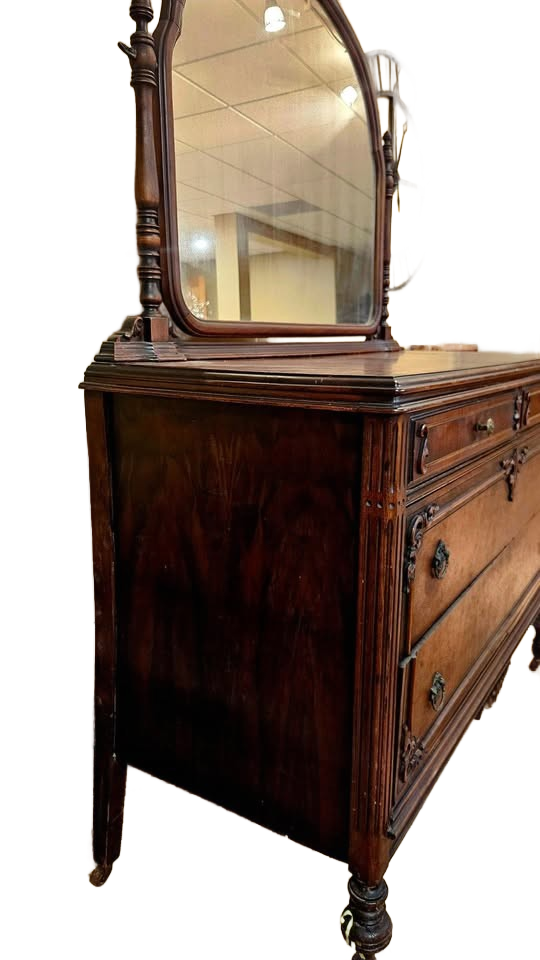 Antique Walnut Dresser with Mirror 1930s