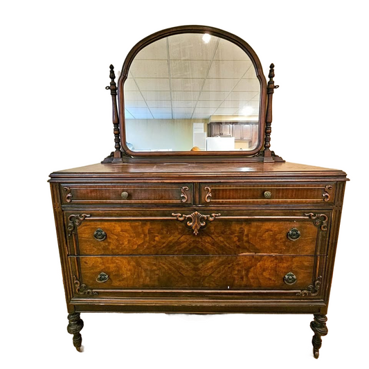 Antique Walnut Dresser with Mirror 1930s