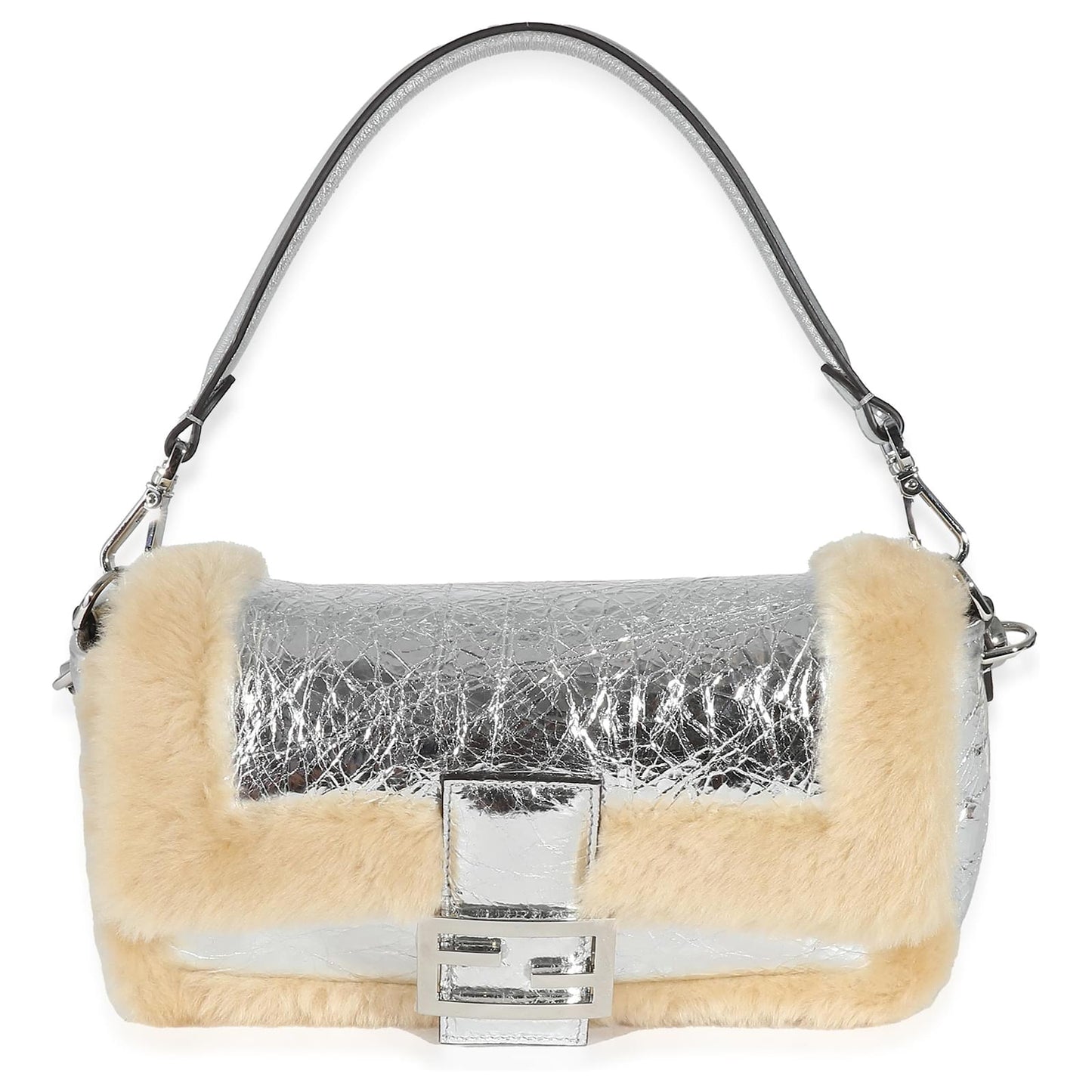 Fendi Craquelé Silver Sheepskin Medium Iconic Baguette Bag