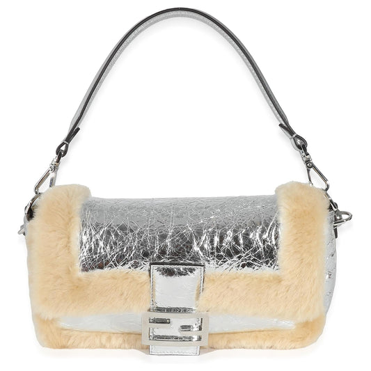 Fendi Craquelé Silver Sheepskin Medium Iconic Baguette Bag