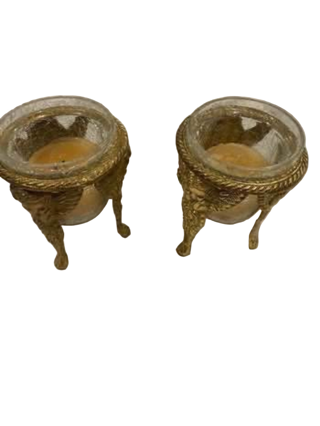 Vintage brass cherub footed stand with a crackle glass insert