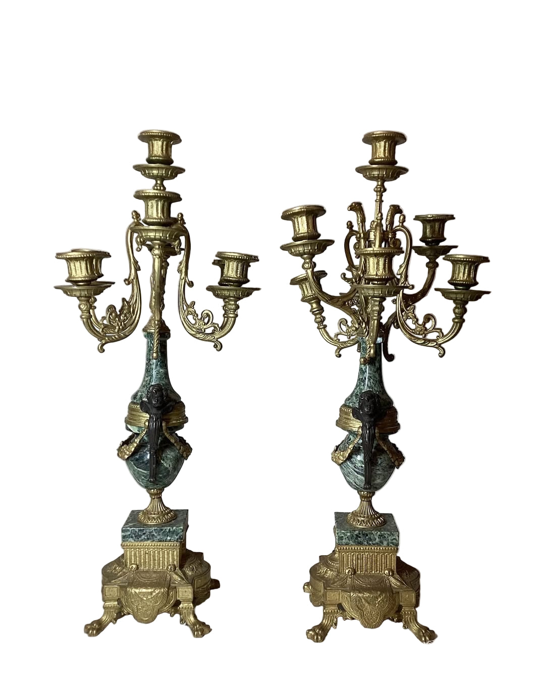 Vintage Brevettato Brass Louis XIV Cherub Marble Candelabra Pair