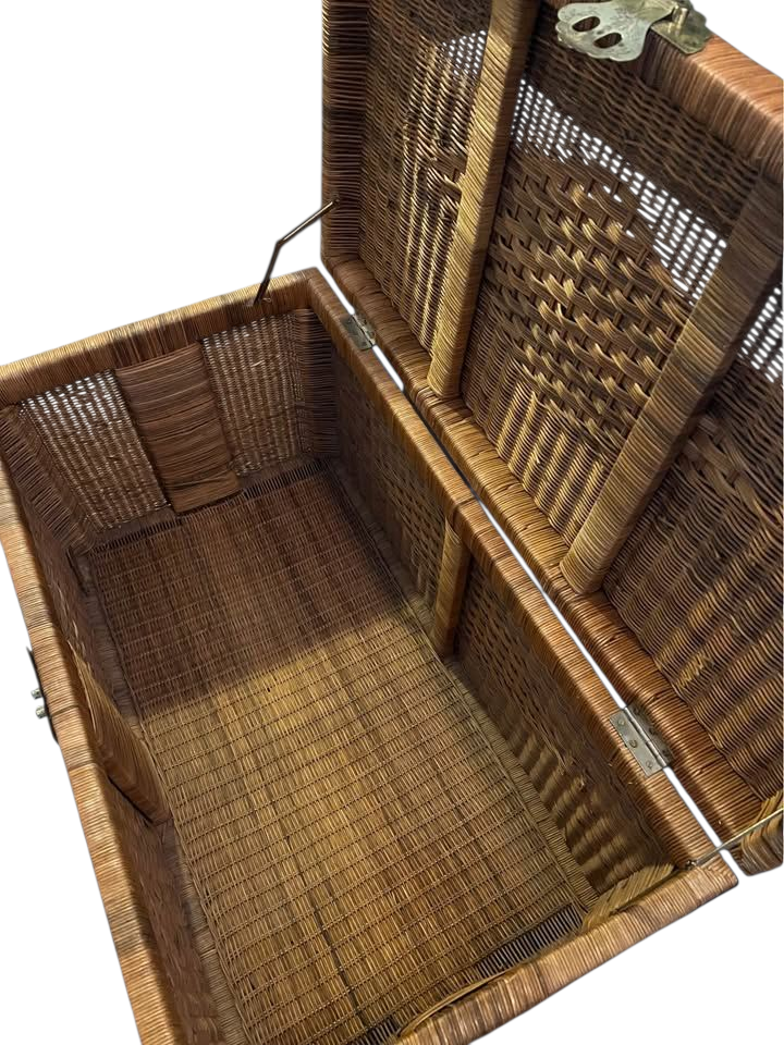 Vintage Wicker Rattan Storage Trunk with Brass Hardware – Boho Coastal Style