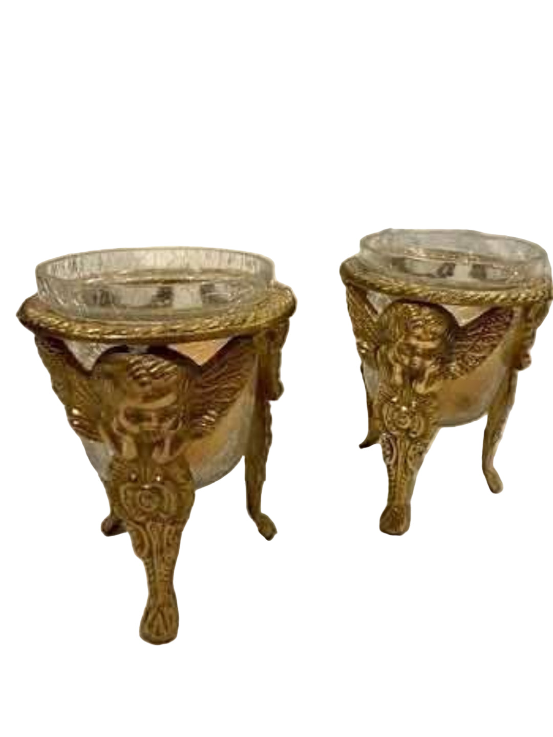 Vintage brass cherub footed stand with a crackle glass insert