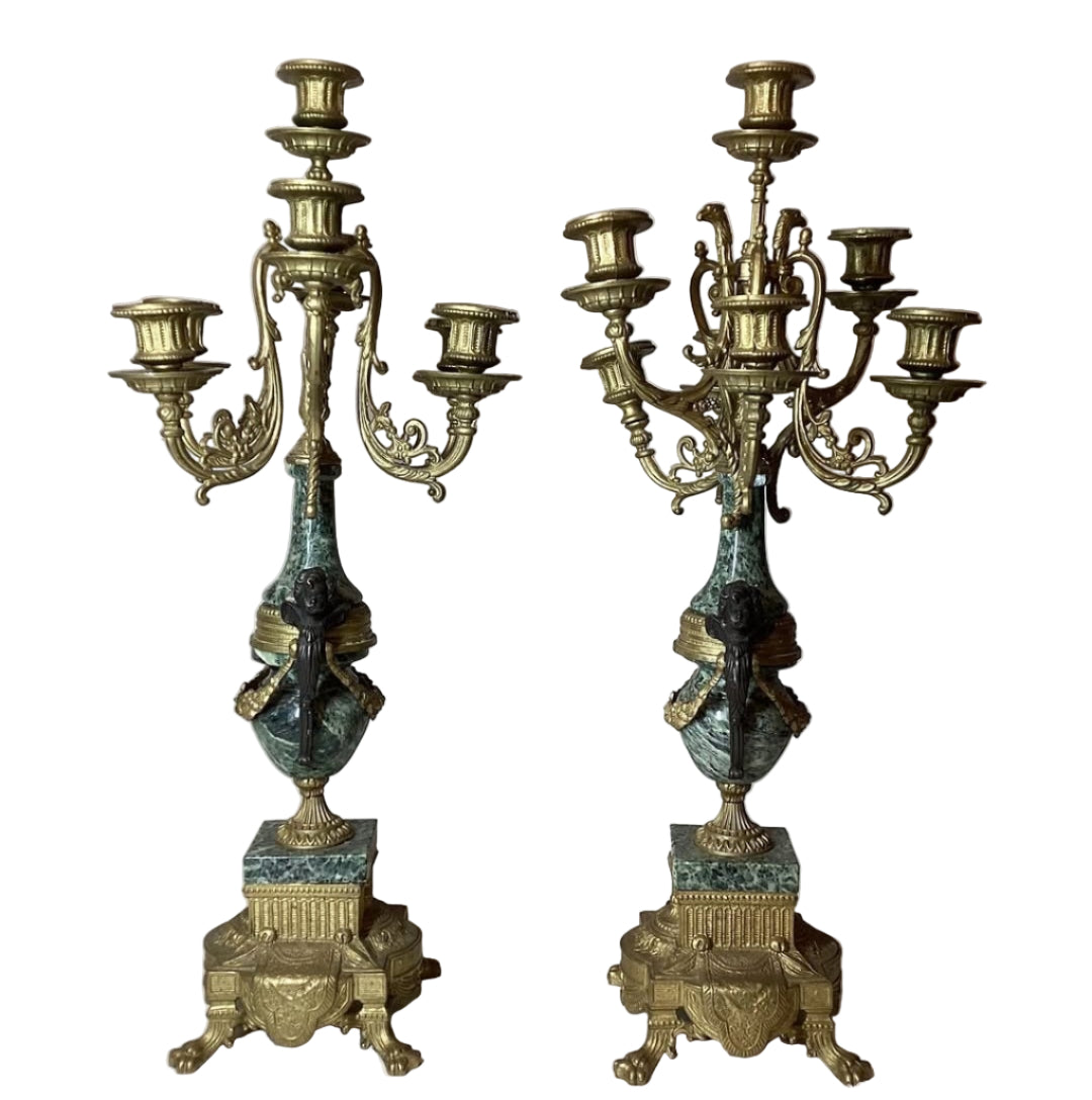 Vintage Brevettato Brass Louis XIV Cherub Marble Candelabra Pair