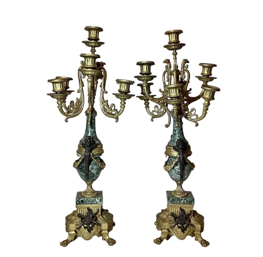Vintage Brevettato Brass Louis XIV Cherub Marble Candelabra Pair