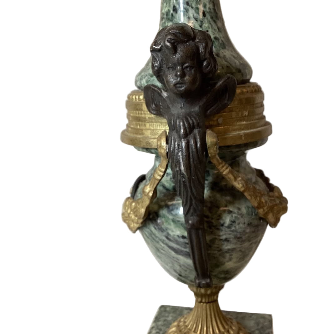 Vintage Brevettato Brass Louis XIV Cherub Marble Candelabra Pair