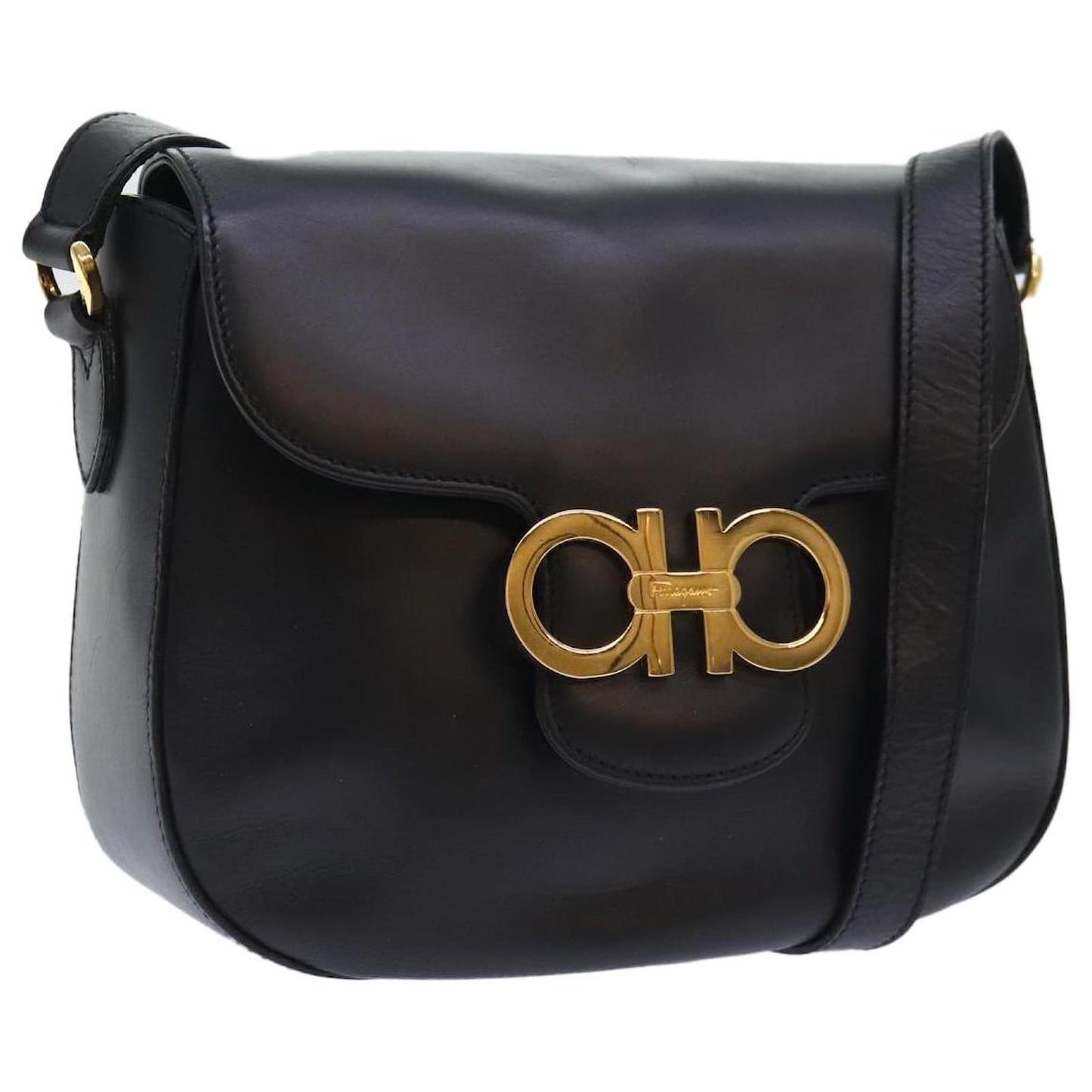 Salvatore Ferragamo Gancini Shoulder Bag Leather Black Gold Auth 91278 Golden